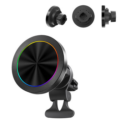 Magsafe Car Mount Aluminium Alloy Texture Wireless Charger With RGB Light Display And One Hand Operation For Automotive
